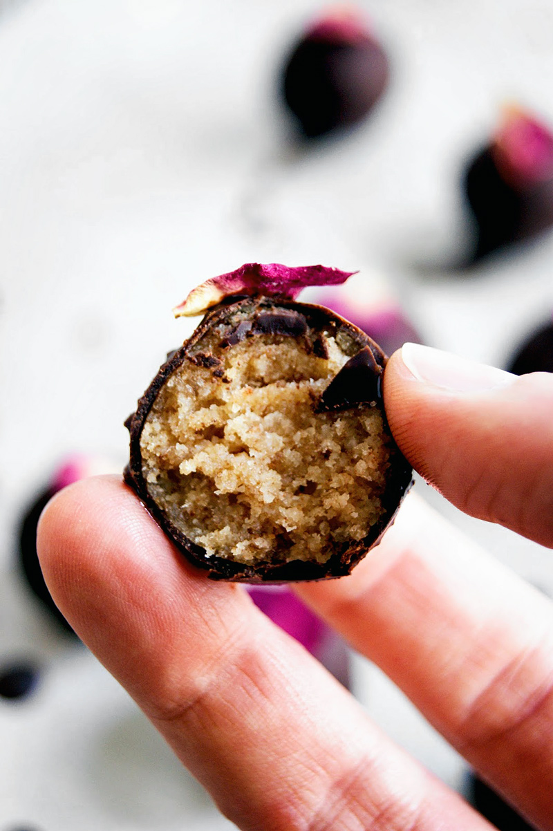 Close up of the interior of a marzipan truffle.