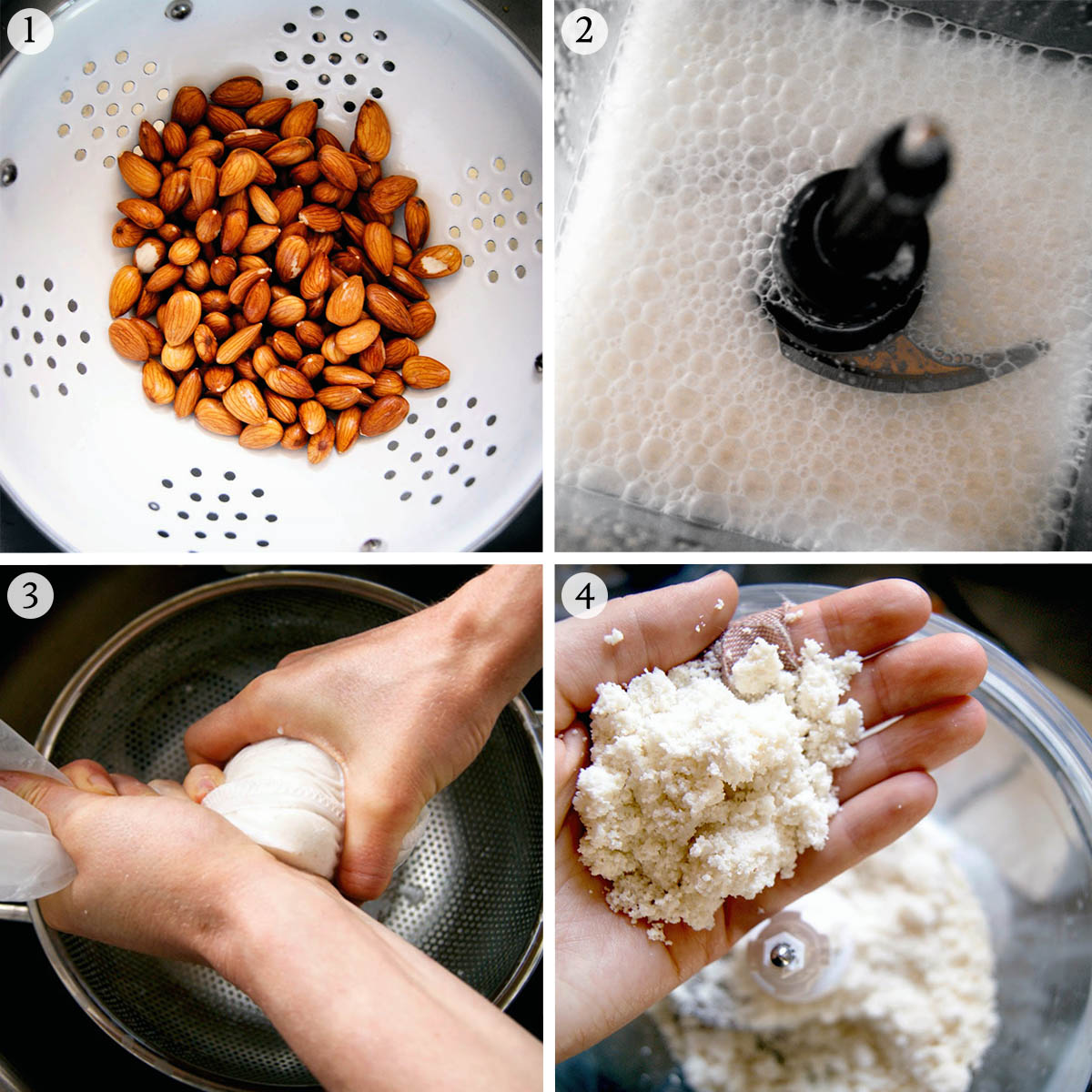 Homemade almond milk, steps 1 to 4.