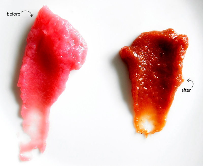 A labeled image showing apple sauce and apple butter as 'before' and 'after' showing a darker colour and thicker consistency.