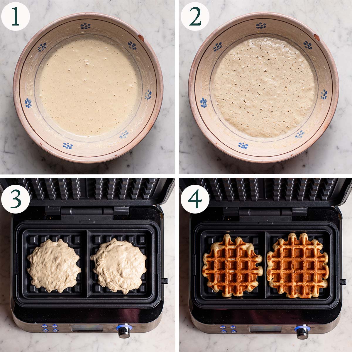 Waffles steps 1 to 4, mixture before and after rising, and before and after baking in the waffle iron.