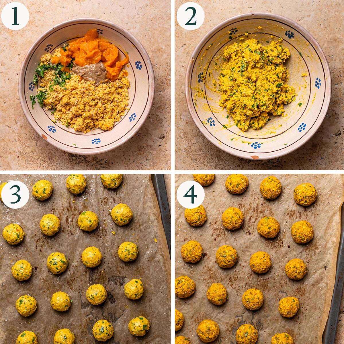 Falafel steps 1 to 4, ingredients in a mixing bowl, after mixing, before and after baking.