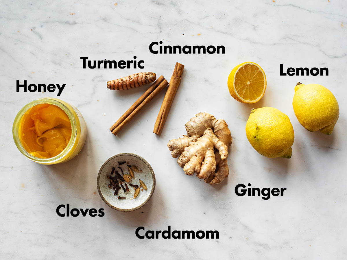 Lemon ginger turmeric tea ingredients with labels.
