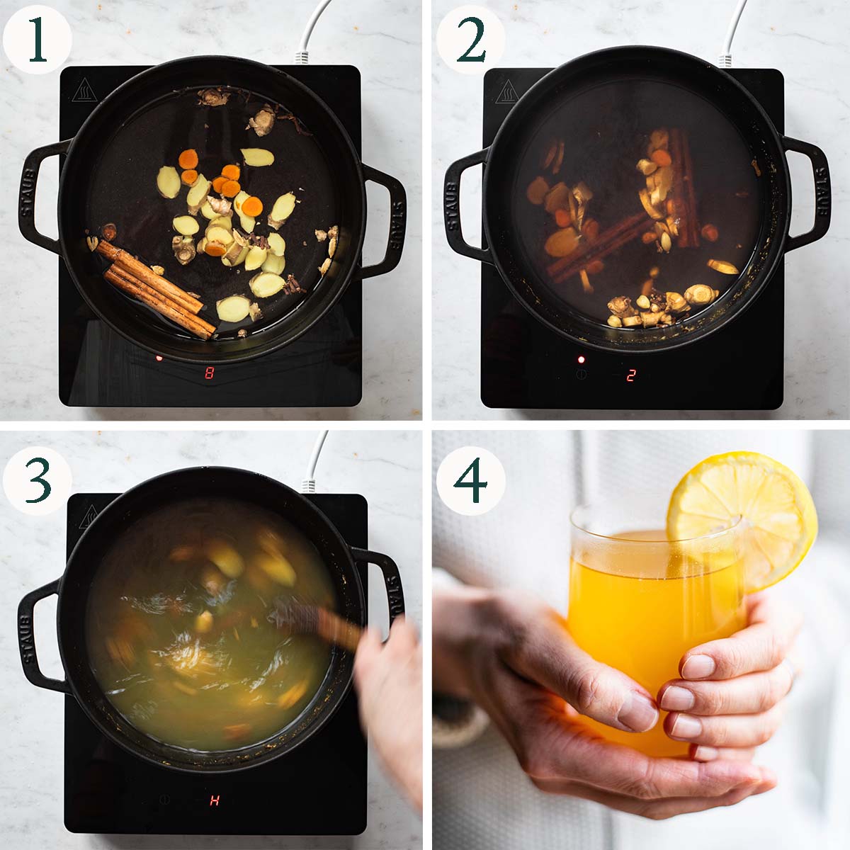 Lemon ginger tea steps 1 to 4, adding spices, after boiling, stirring in lemon, and finished tea.