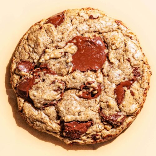 Close up of a chocolate chunk cookie in bright light.
