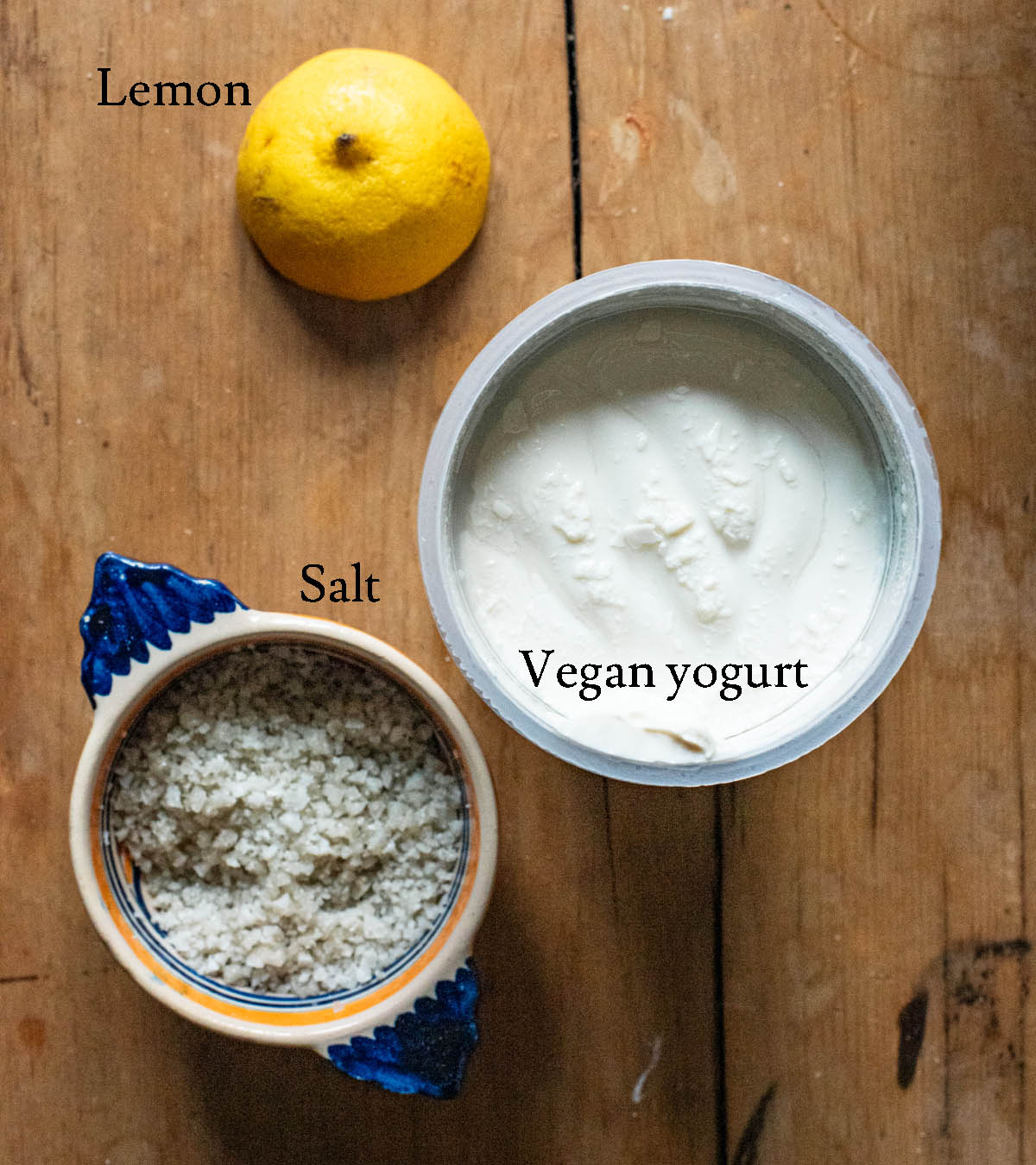 Vegan labneh ingredients with labels.