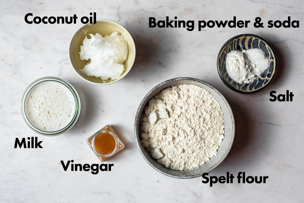 Coconut oil biscuit ingredients with labels.