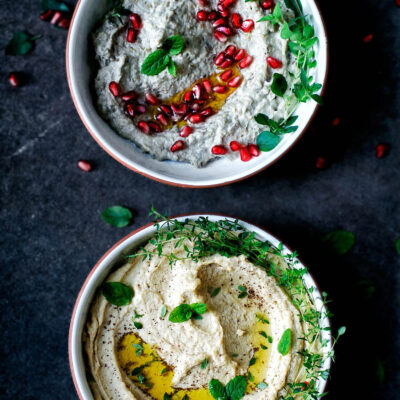 Two bowls, top down view, one with baba ghanoush and the other with hummus.