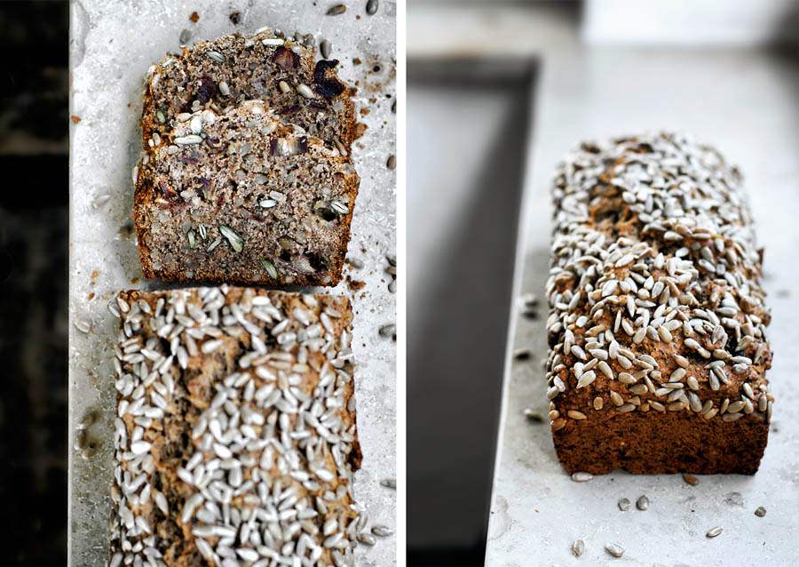 Two pictures, both of tahini banana bread with sunflowers on a stone windowsill.