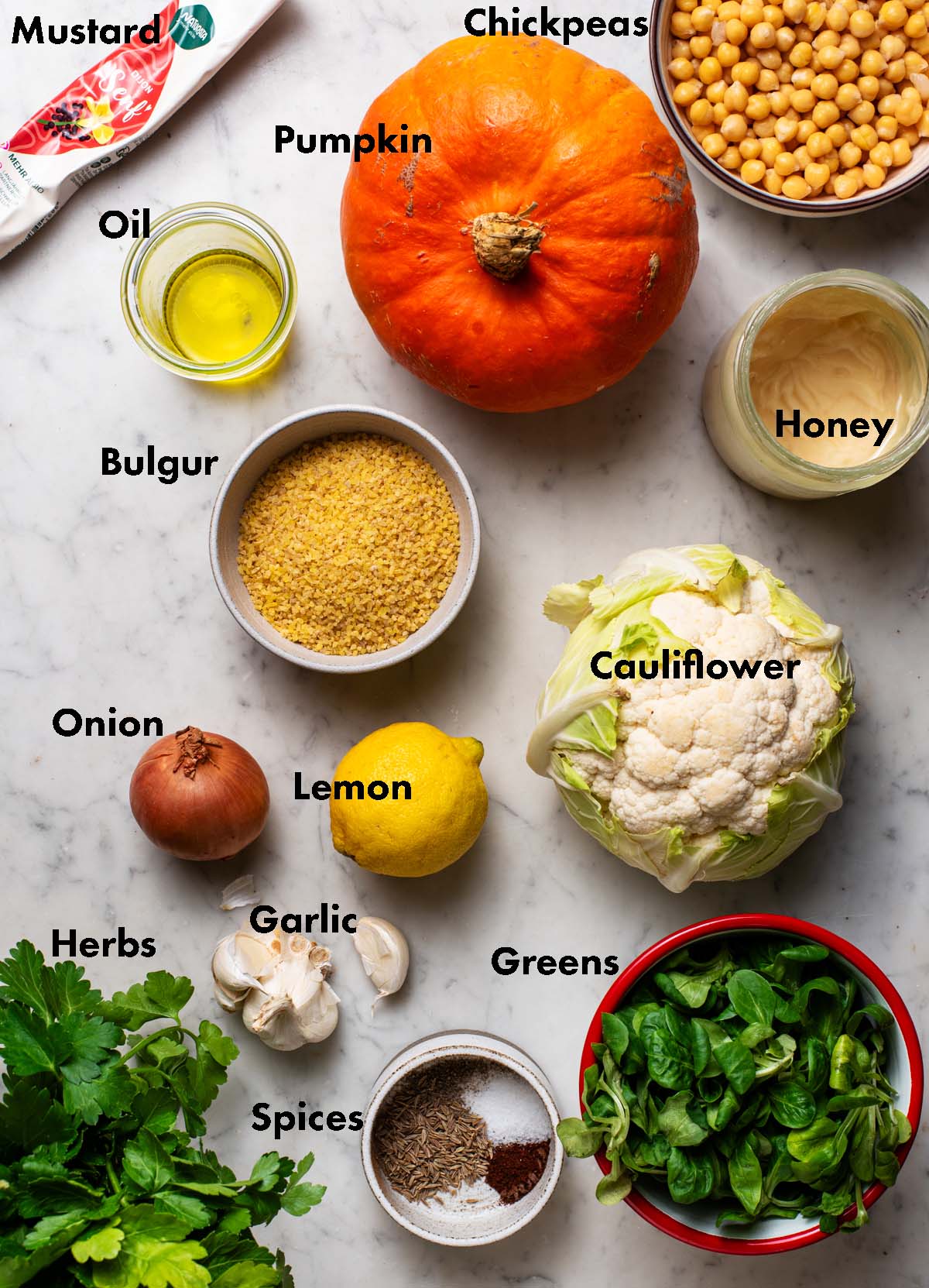 Cauliflower bowls ingredients with labels.