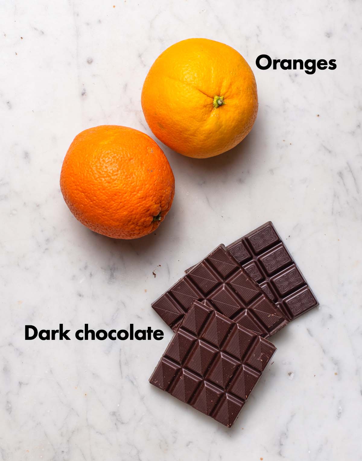 Chocolate orange mousse ingredients with labels.