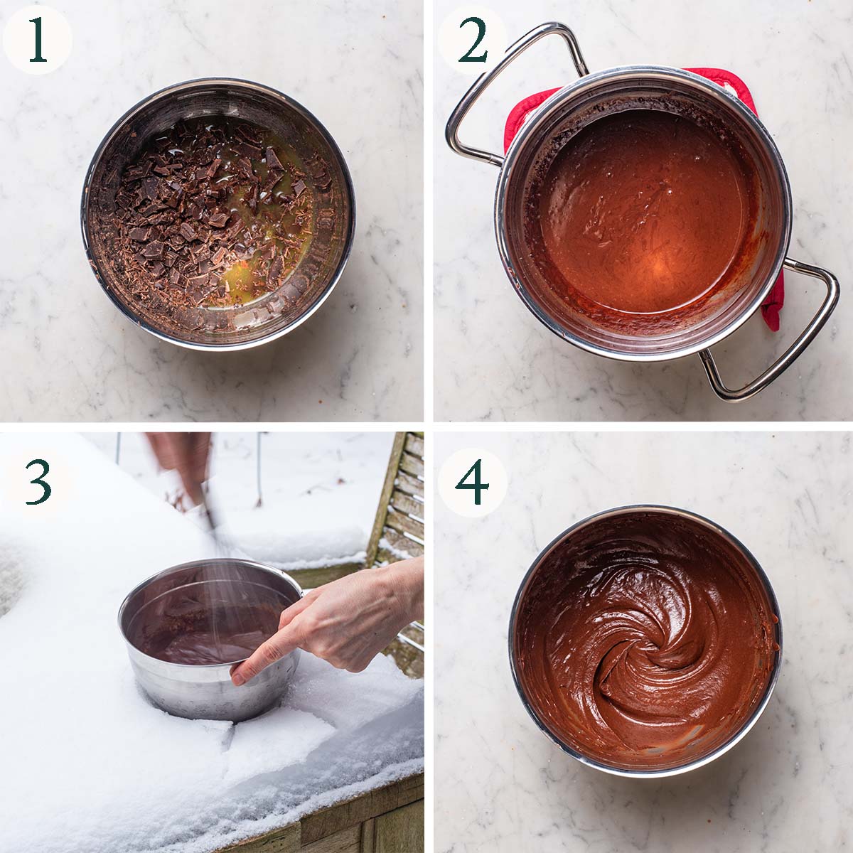 Mousse steps 1 to 4, melting chocolate, melted ingredients, whisking in snow, and finished mousse.