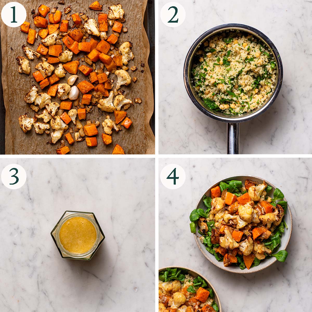 Grain bowls steps 1 to 4, roasted vegetables, cooked bulgur, mixed dressing, and assembled bowls.