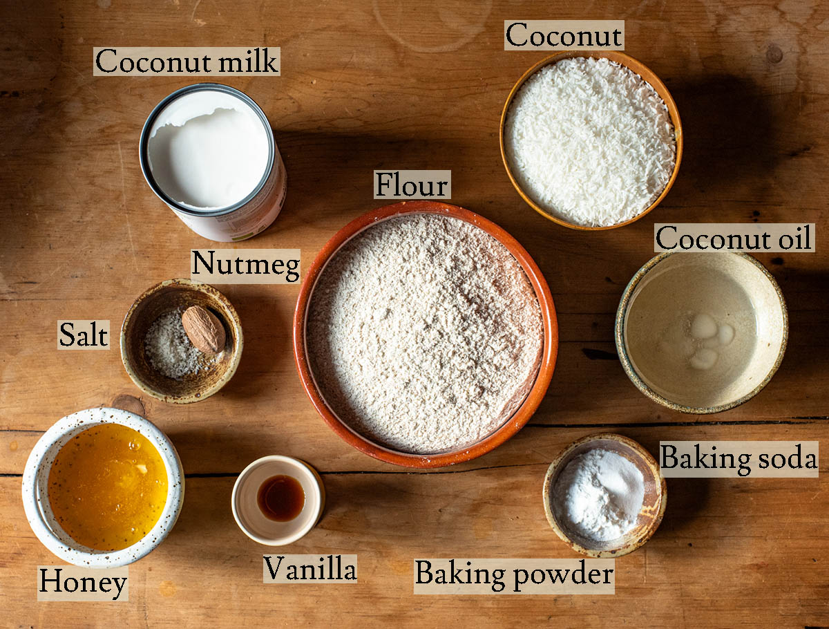 Coconut bread ingredients with labels.