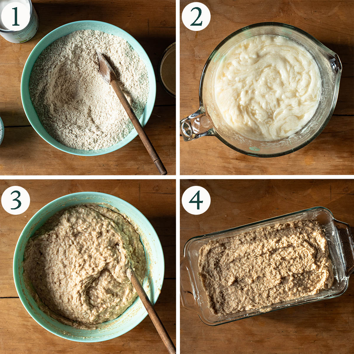 Coconut loaf steps 1 to 4, mixing dry and wet ingredients, finished batter, and before baking.