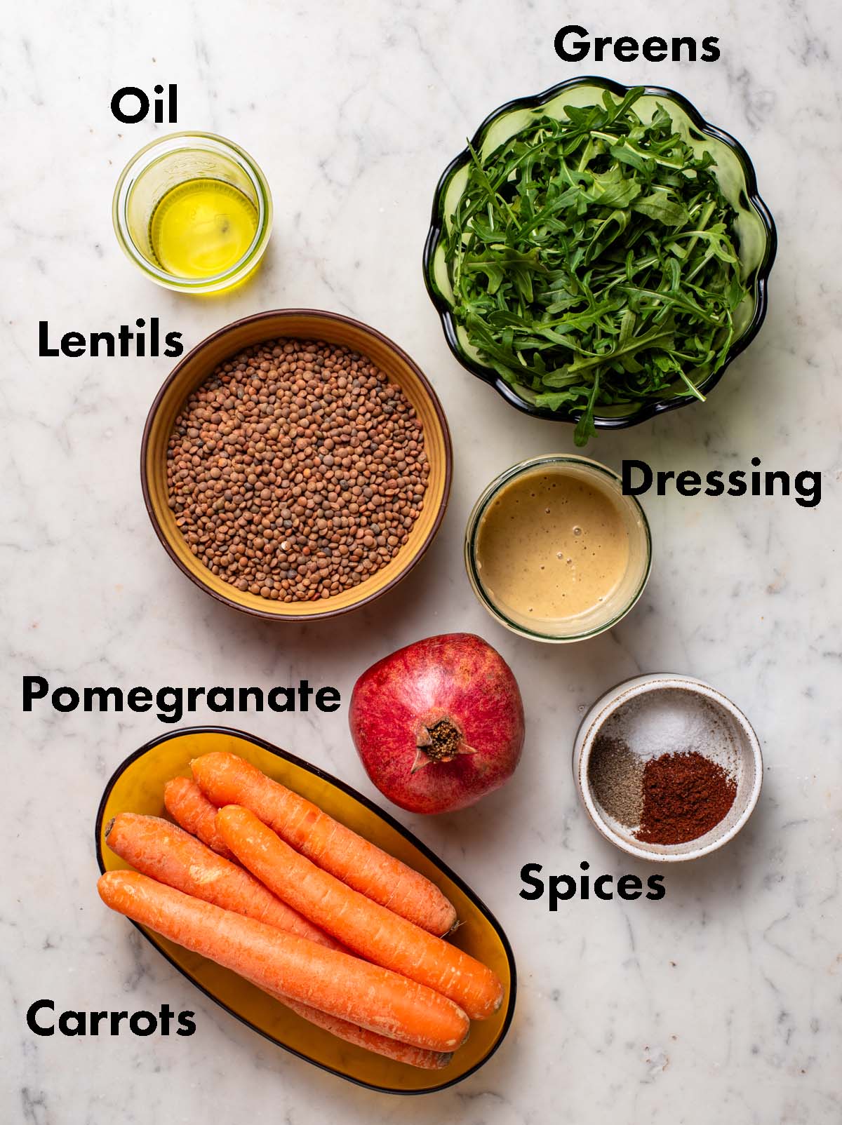 Roasted carrot salad ingredients with labels.