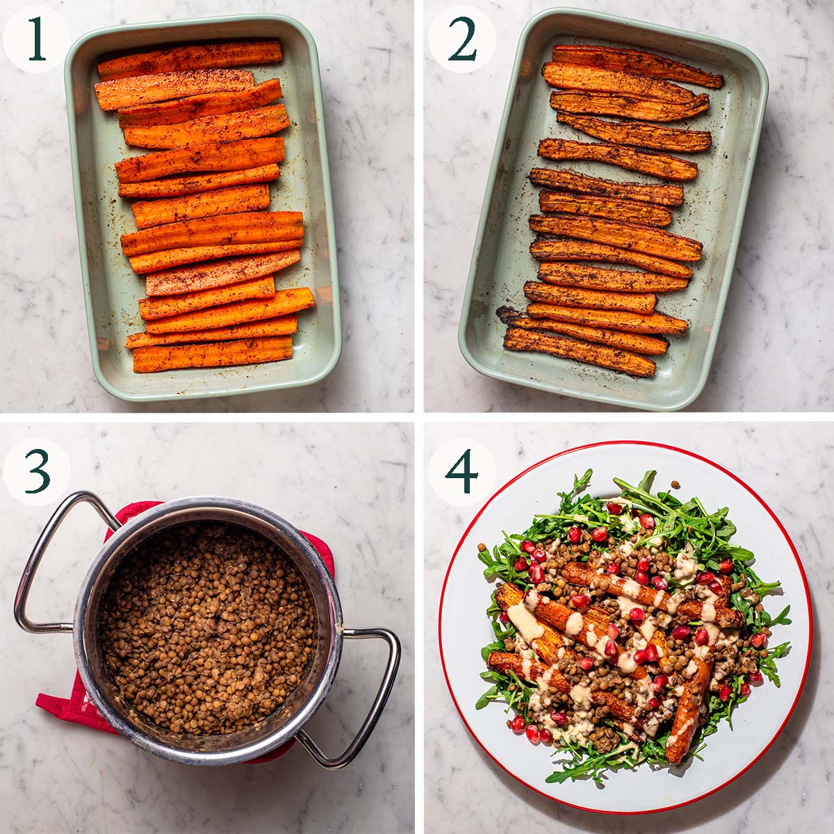Carrot salad steps 1 to 4, carrots before and after roasting, cooked lentils, and assembled salad.