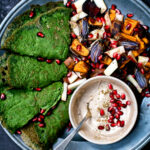 Spinach Crepes with Roasted Root Vegetables and Tahini Sauce | occasionallyeggs.com