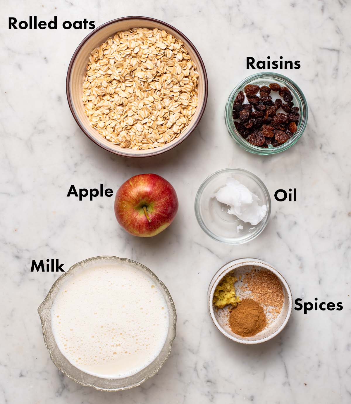 Apple cinnamon oatmeal ingredients with labels.