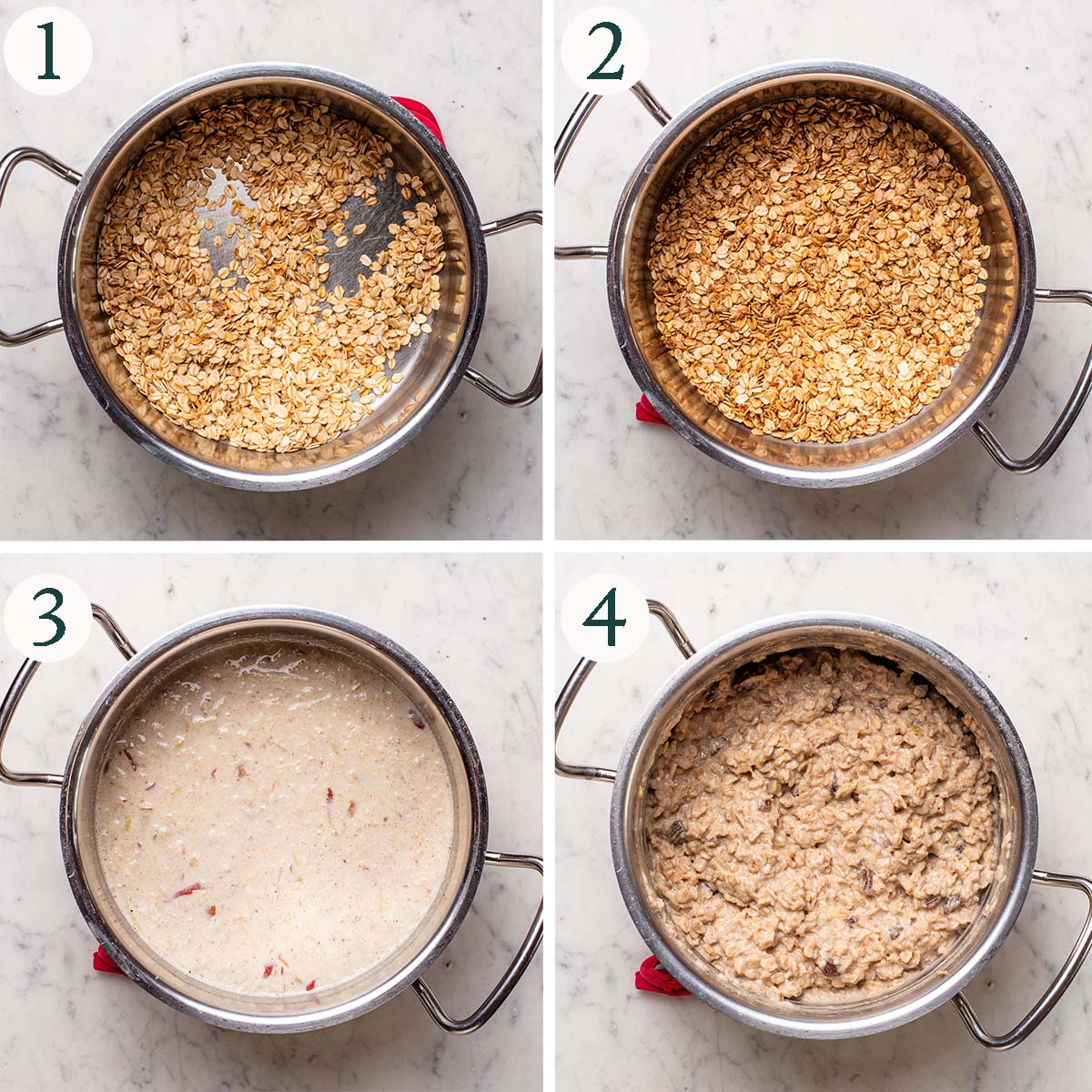 Oatmeal steps 1 to 4, toasting oats in the pot, with spices added, milk added, and cooked oatmeal.
