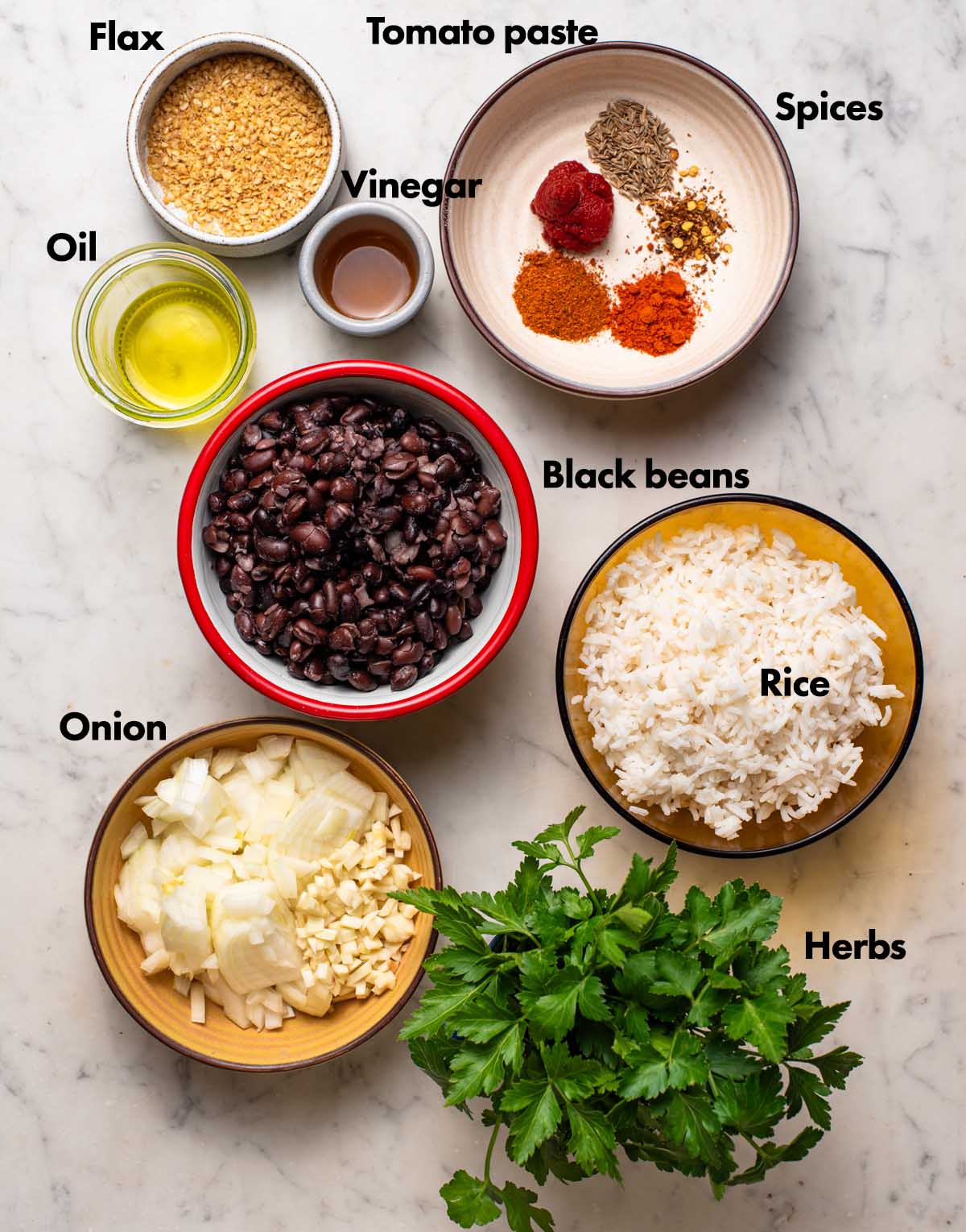 Vegan black bean burgers ingredients with labels.