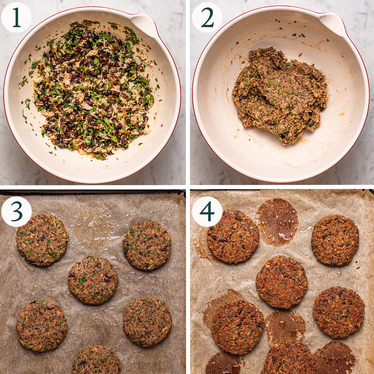 Veggie burgers steps 1 to 4, mixed ingredients, after blending, before and after baking.