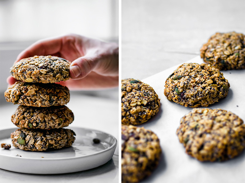 Left: Hand reaching for a cookie on a stack of four. Right: Several cookies on parchment paper.