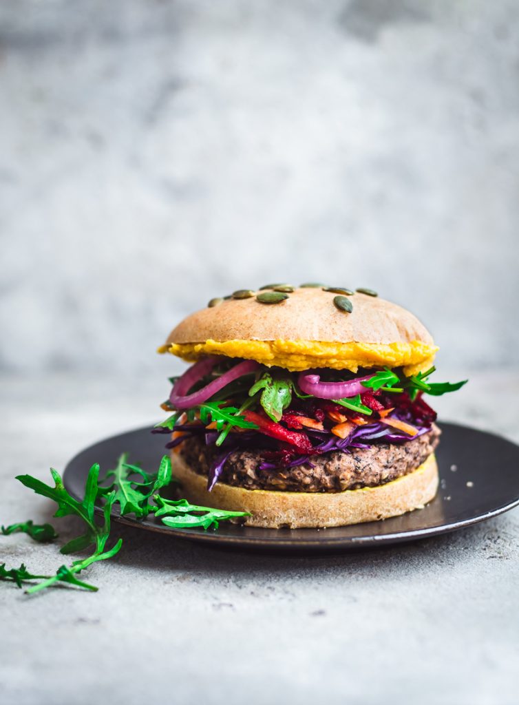 Black Bean Rice Burgers with Rainbow Toppings | occasionallyeggs.com