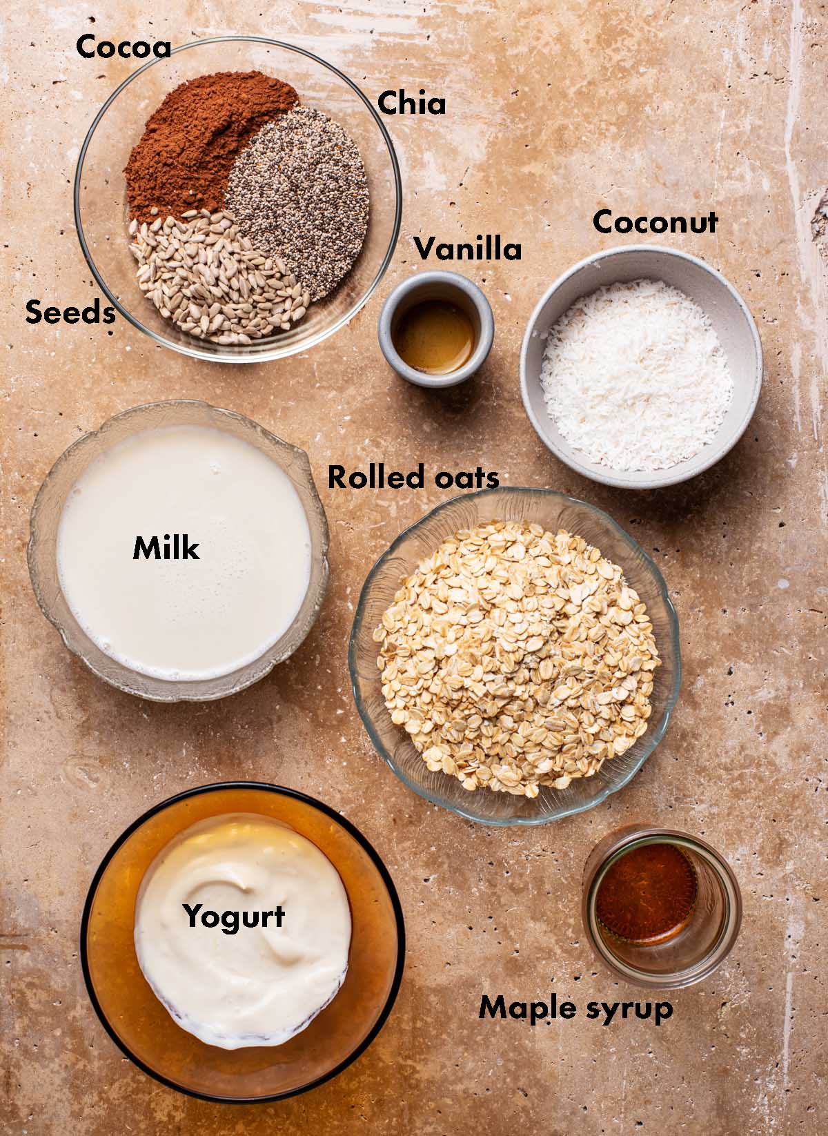 Chocolate coconut overnight oats ingredients with labels.