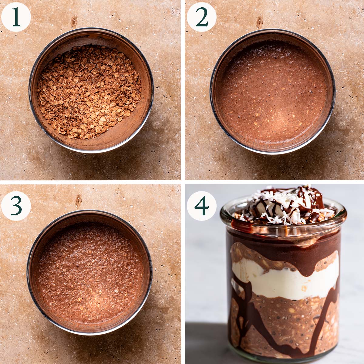 Overnight oats steps 1 to 4, dry ingredients mixed, before and after soaking, and layered in a jar.