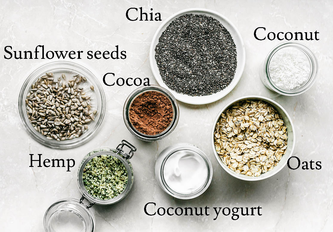 Chocolate coconut overnight oats ingredients.
