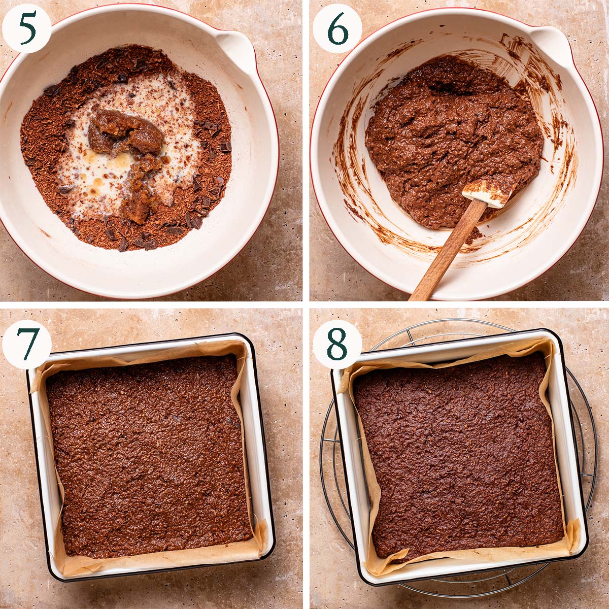 Brownies steps 5 to 8, wet ingredients added, finished batter in the bowl, before and after baking.
