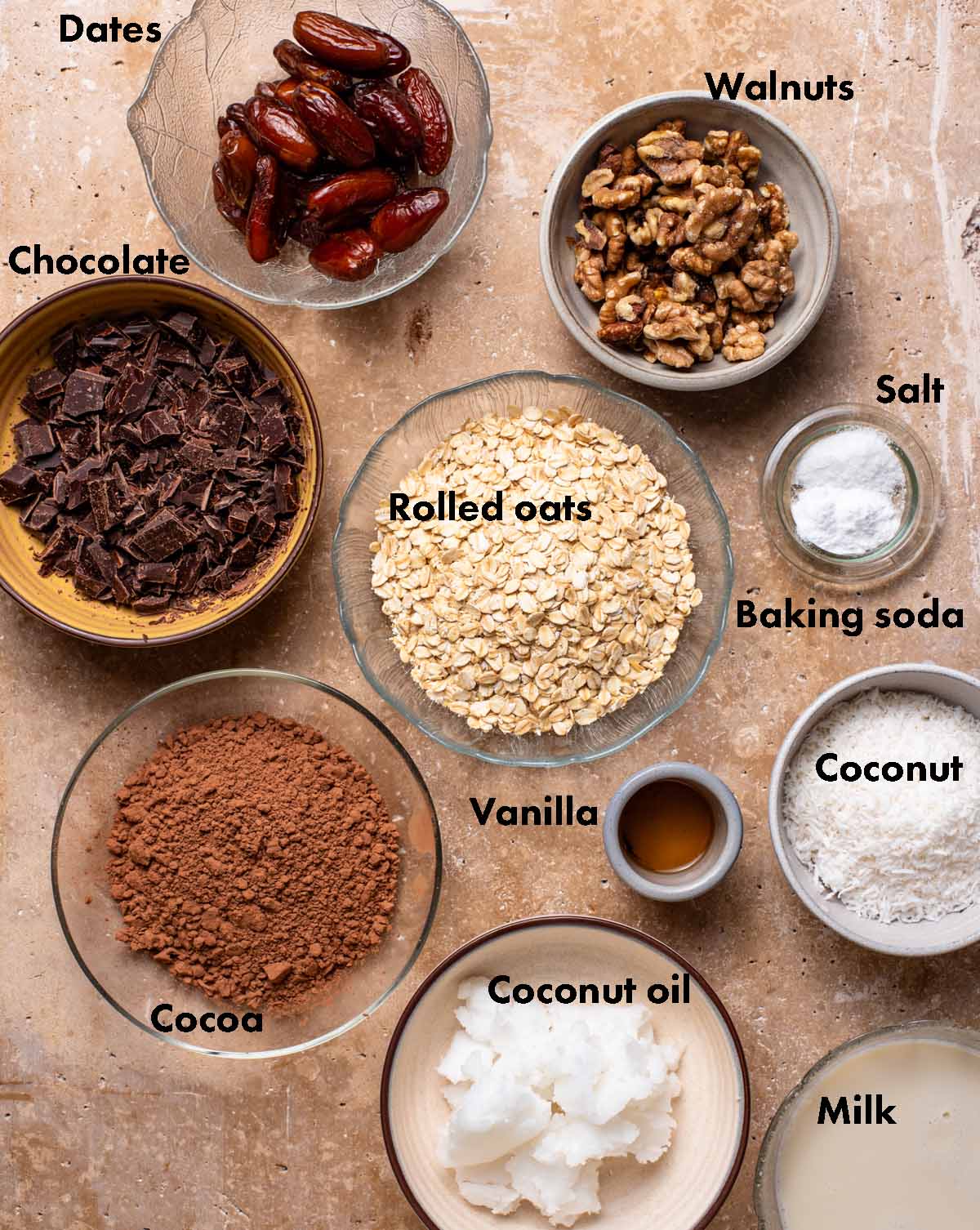 Breakfast brownies ingredients with labels.