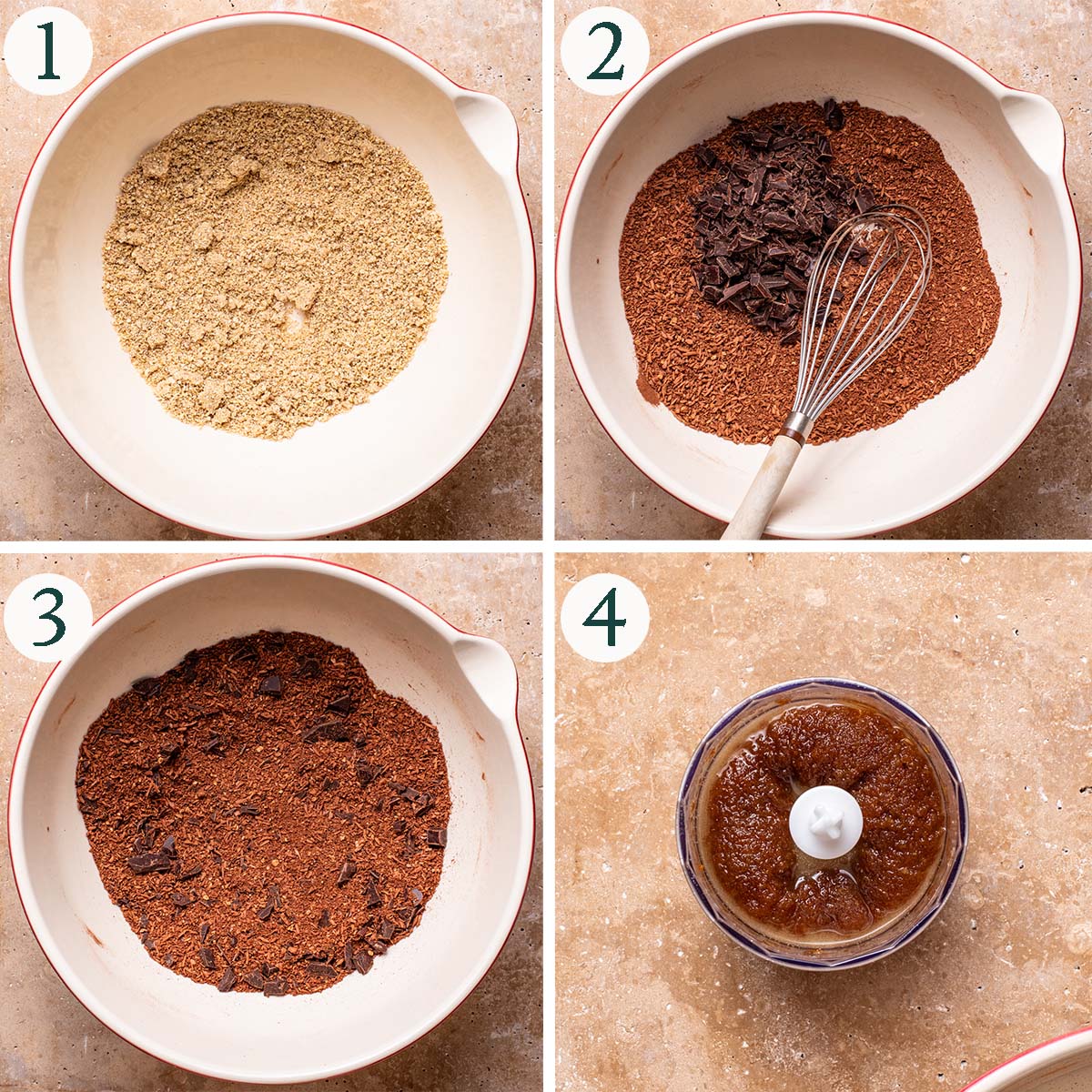 Brownies steps 1 to 4, ground oats and seeds, dry ingredients mixed, with chocolate added, and wet ingredients blended.