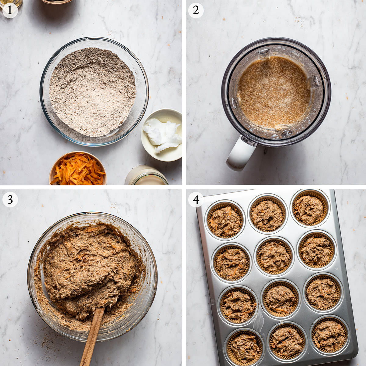 Vegan carrot muffins steps 1 to 4.
