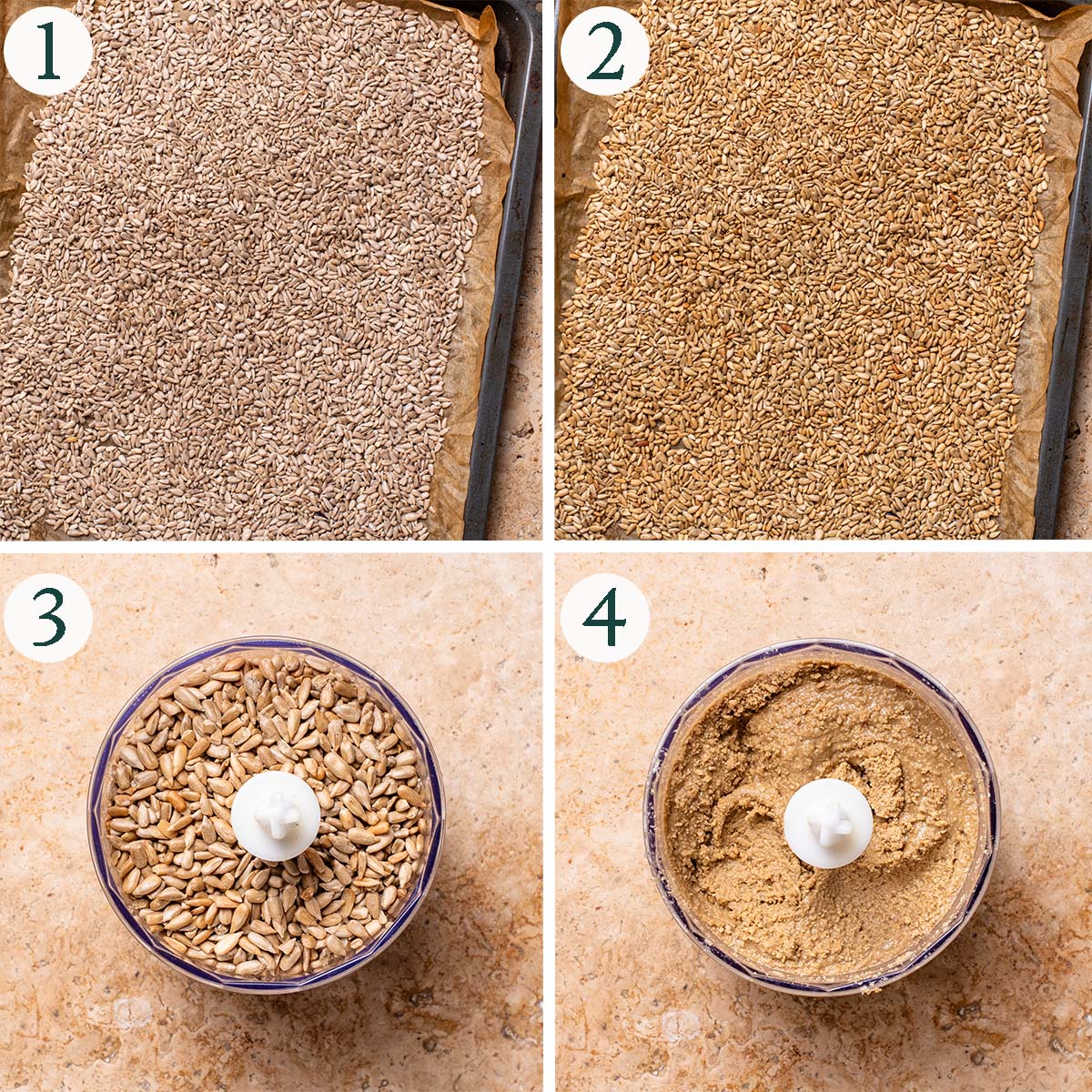 Seed butter steps 1 to 4, seeds before and after roasting, toasted seeds in a food processor, and partly blended.