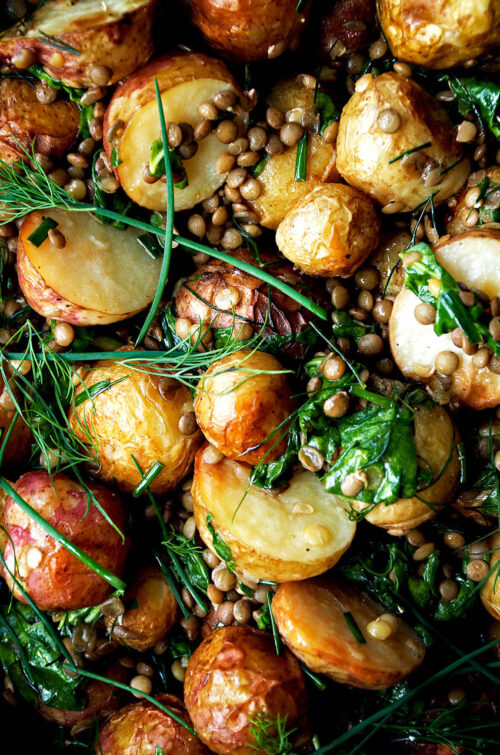 Close up of roasted potato salad with lentils and herbs.