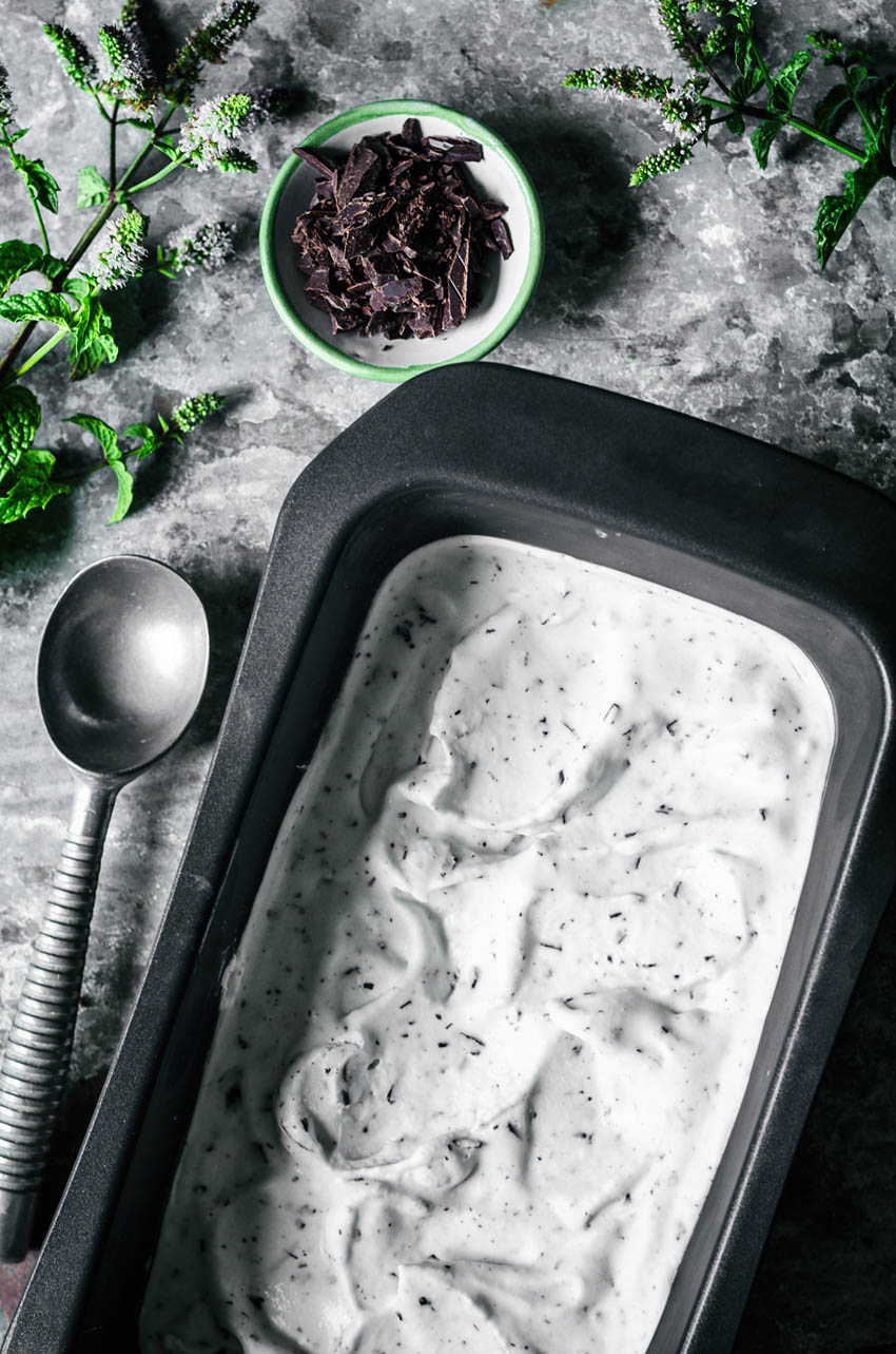 Ice cream with chocolate flecks in a bread tin with scoop, mint, and small bowl of chocolate around it.