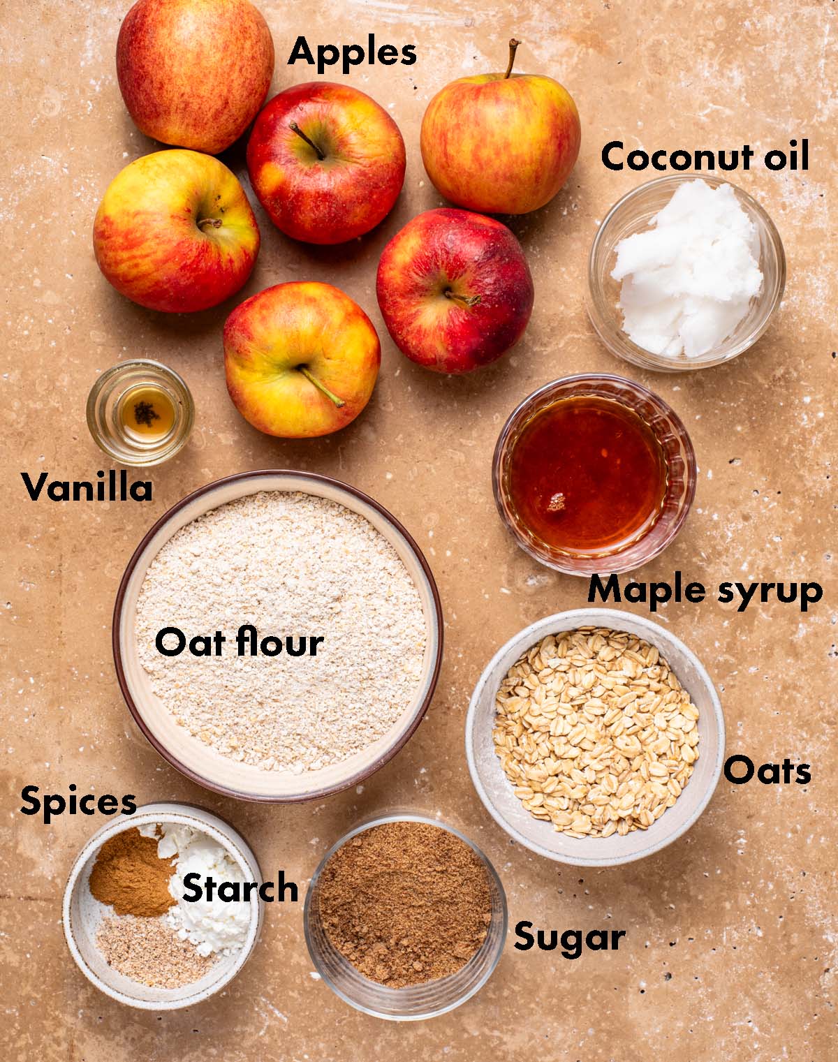 Gluten-free apple crisp ingredients with labels.