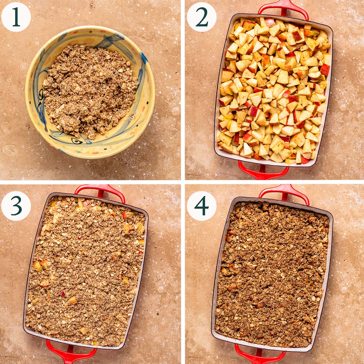 Apple crisp steps 1 to 4, mixing crumble topping, apples in a baking dish, before and after baking.