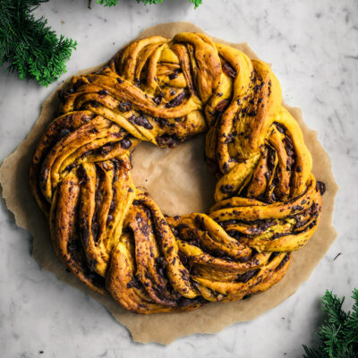 Braided saffron bread, in a wreath shape.