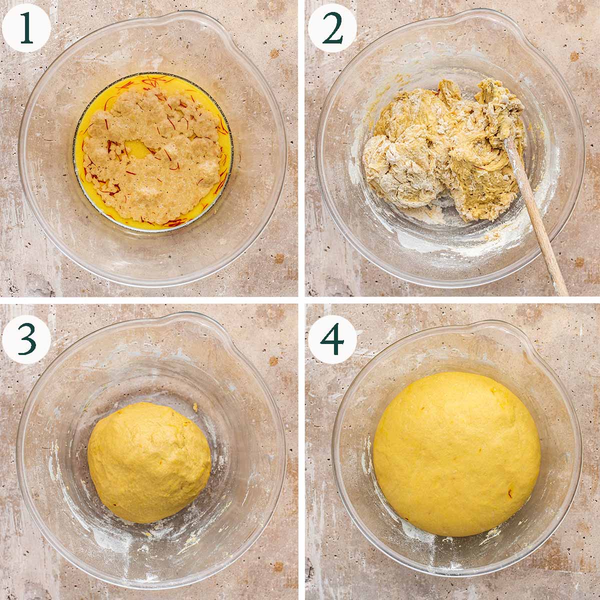 Saffron bread dough steps 1 to 4, bloomed yeast, mixed dough, after kneading, after rising.
