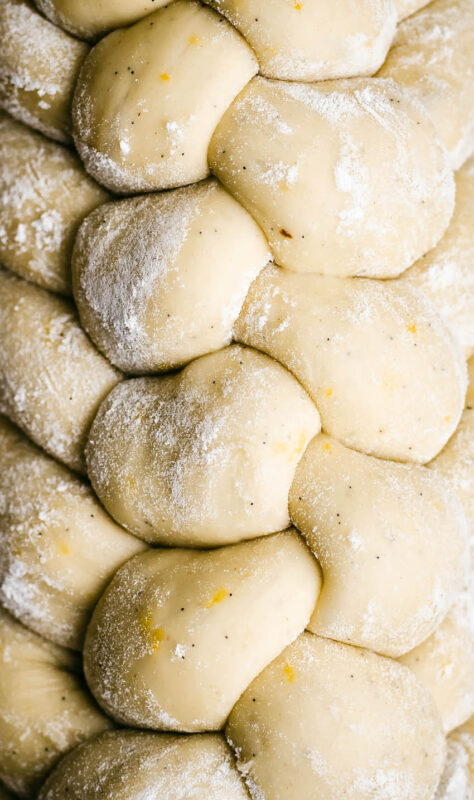 Close up of a six-strand bread before baking.
