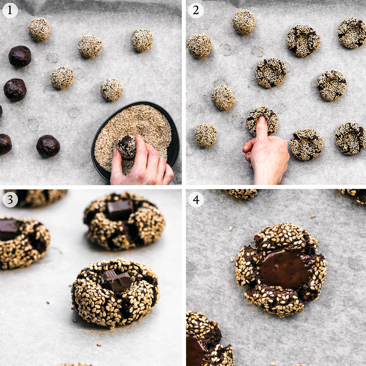 Chocolate tahini cookies steps 1 to 4.