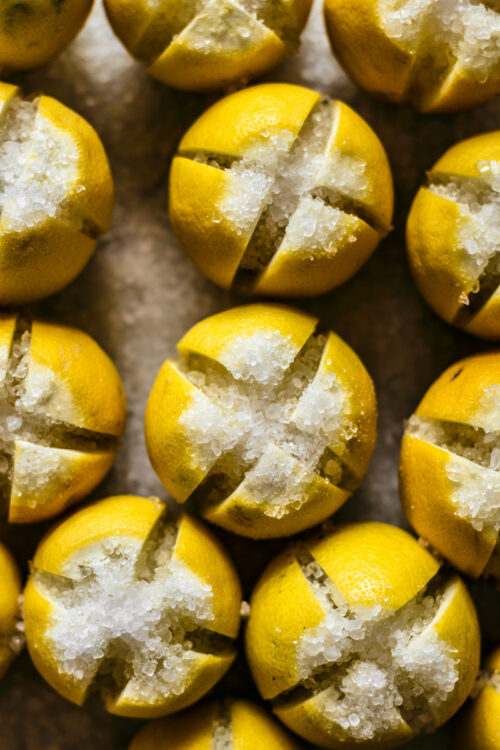 Preserved lemons stuffed with coarse salt.