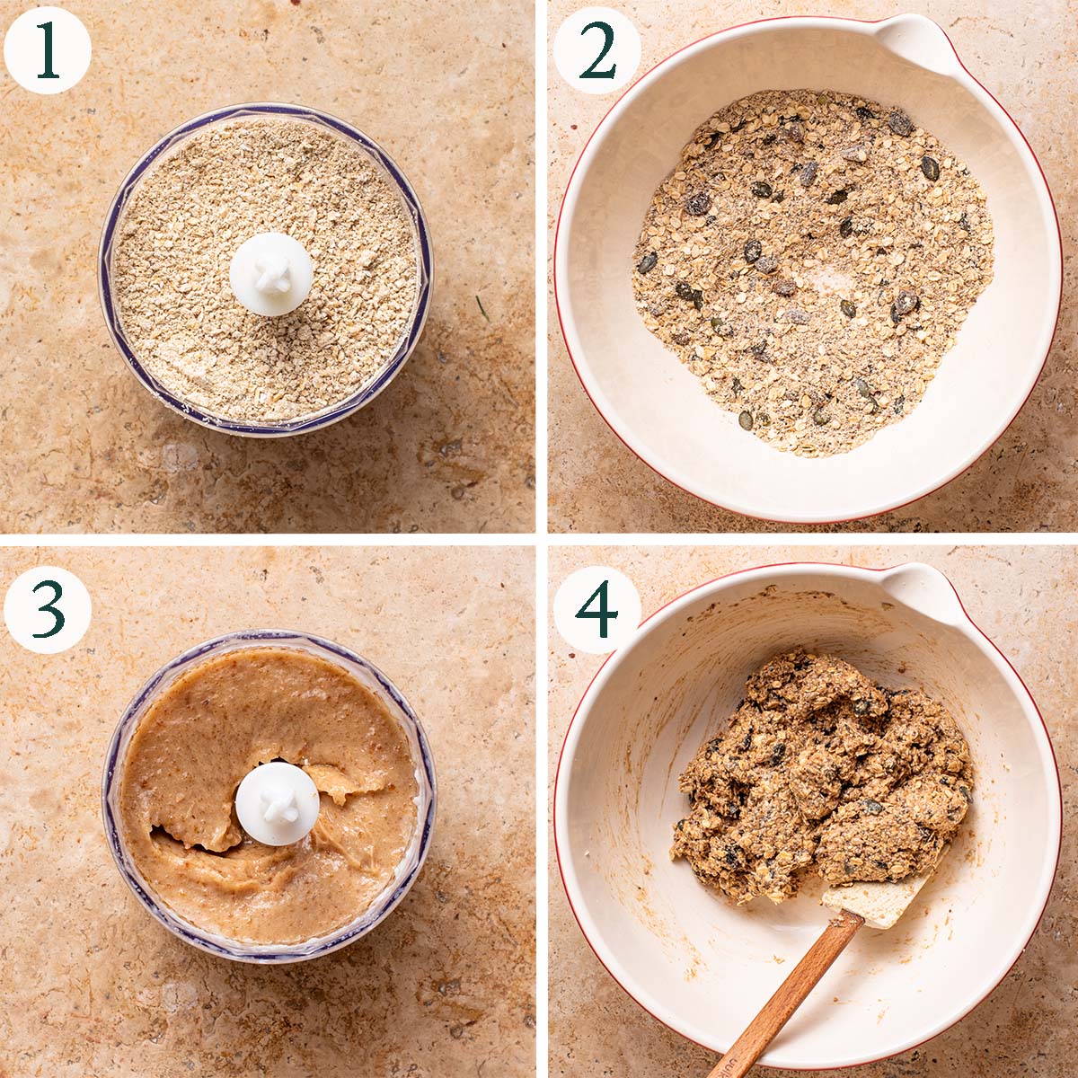 Oat cookies steps 1 to 4, ground oats, mixed dry ingredients, date puree, and mixed cookie dough.