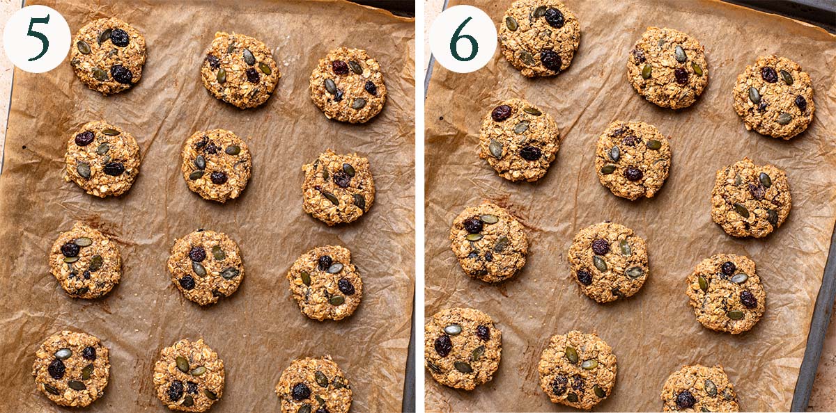Cookies steps 5 and 6, before and after baking.