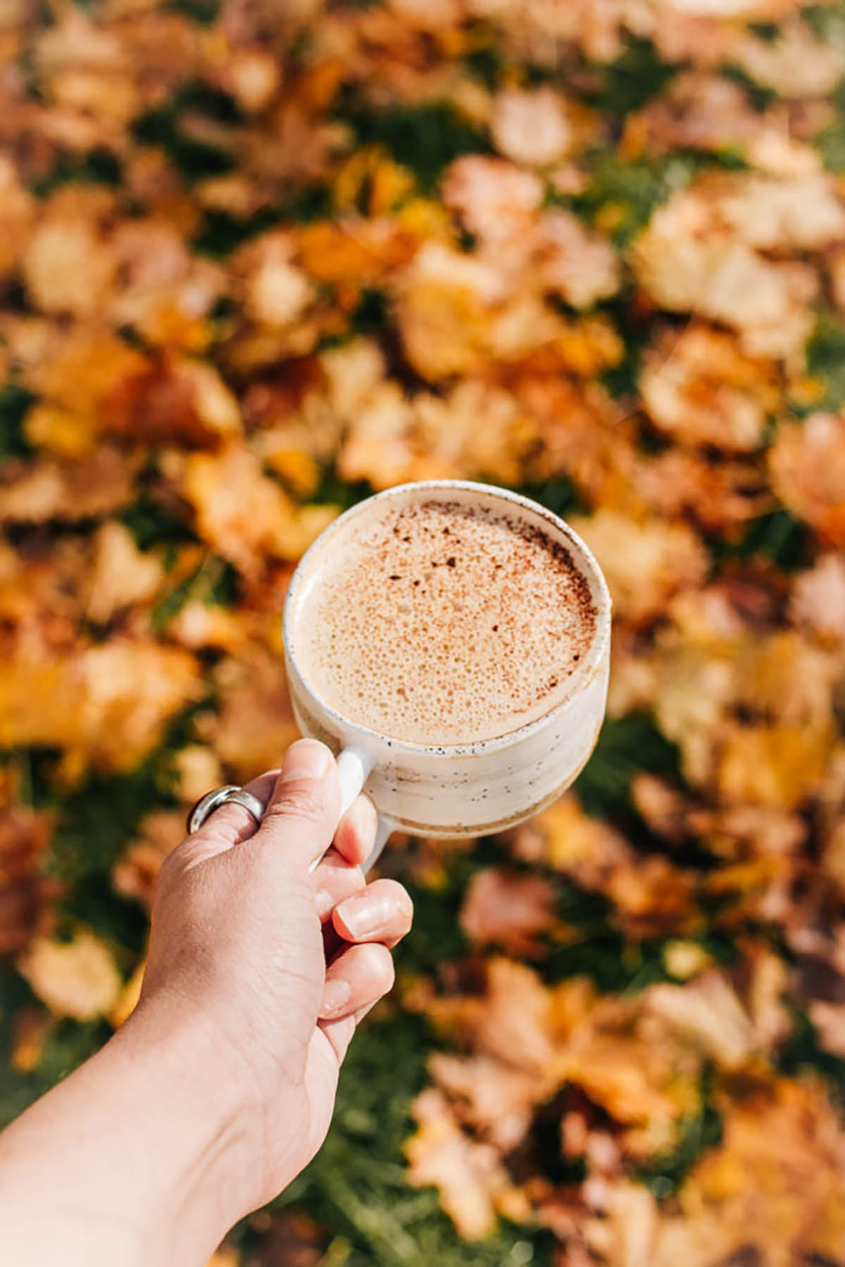 Woman's hand holding a cup with a mocha in front of autumn leaves.