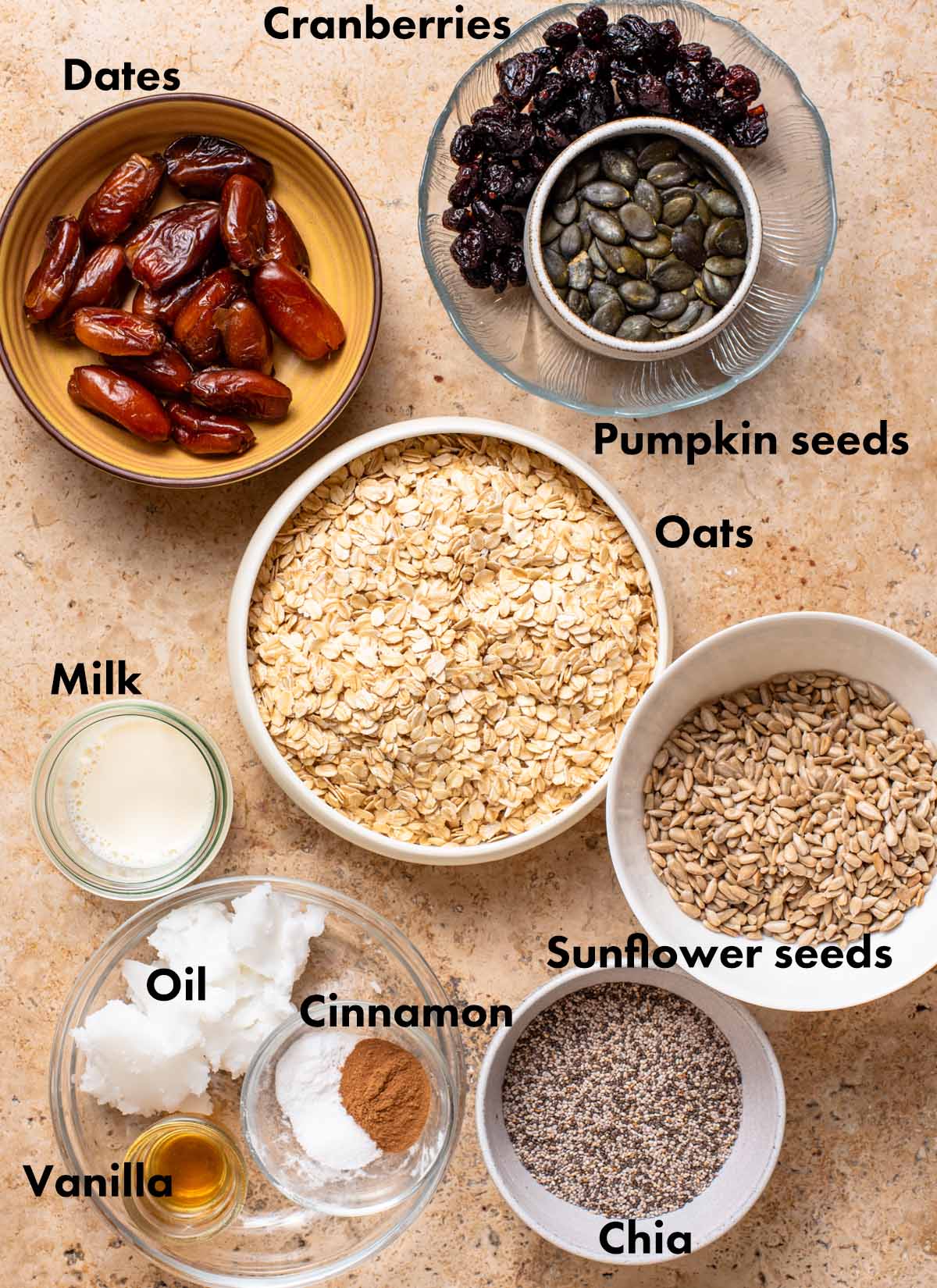 Oatmeal breakfast cookies ingredients with labels.