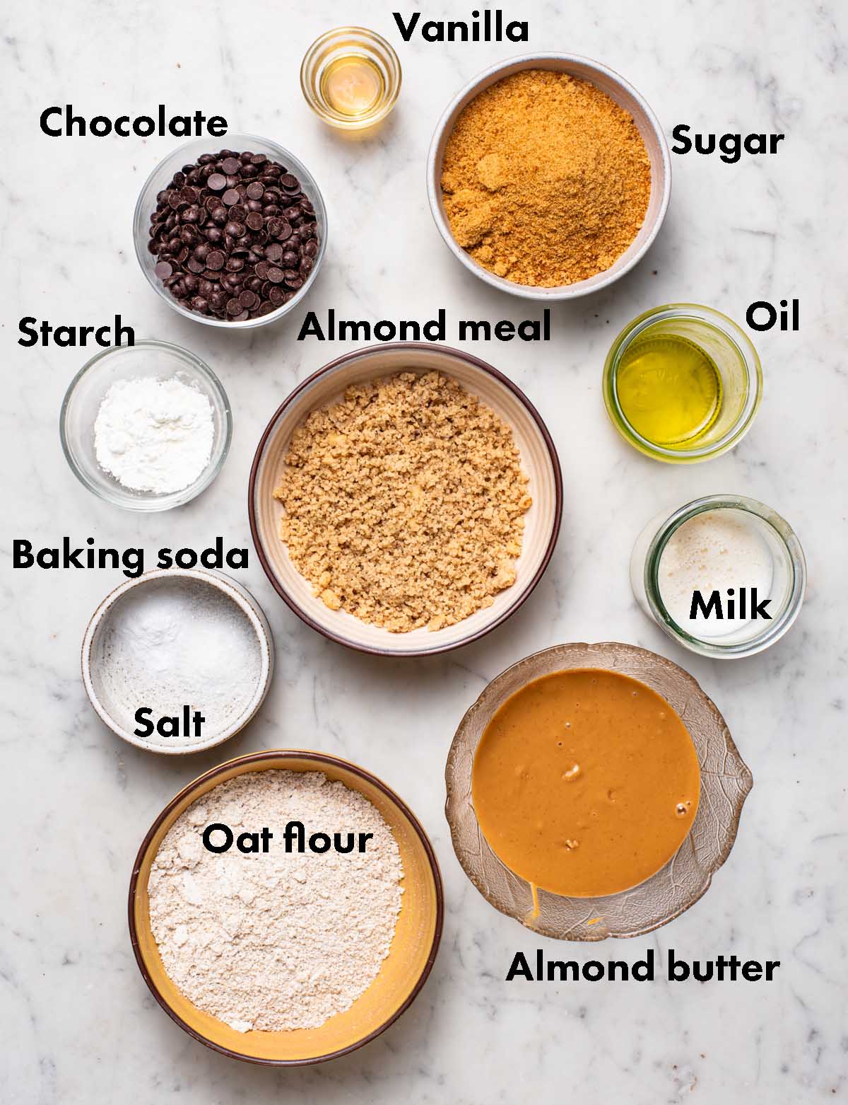 Almond flour chocolate chip cookies ingredients with labels.