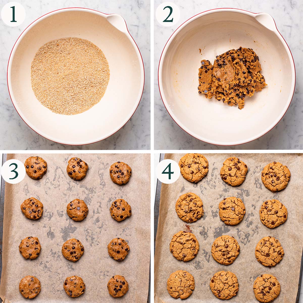 Chocolate chip cookies steps 1 to 4, mixing wet ingredients, mixed cookie dough, before and after baking.